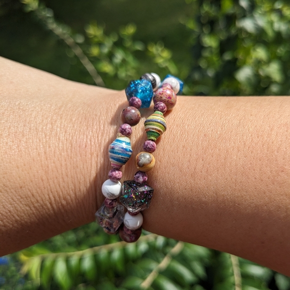 Jasper Energy Bracelet Handmade Colorful Cute Rainbow Upcycled Paper Beads - Picture 7 of 13